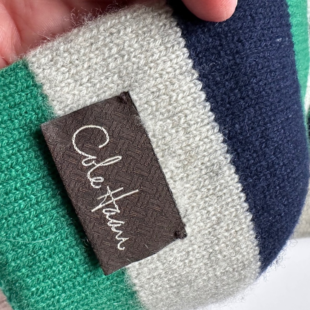 Vintage Cole Haan Men Striped Scarf Green Navy Gray Wool Blend Winter Warm - Picture 2 of 5